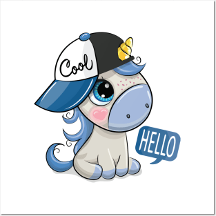 Little cute unicorn in a baseball cap says hello Posters and Art